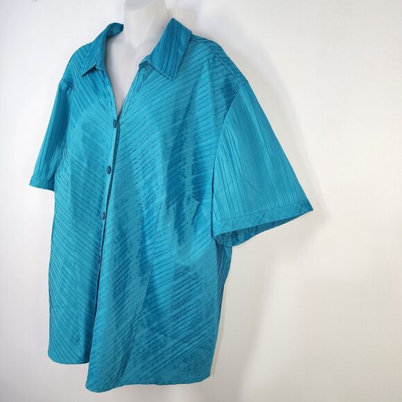 Maggie Barnes Shirt Womens 3X Blue Textured Pleated Striped Short Sleeve Button - Picture 5 of 9